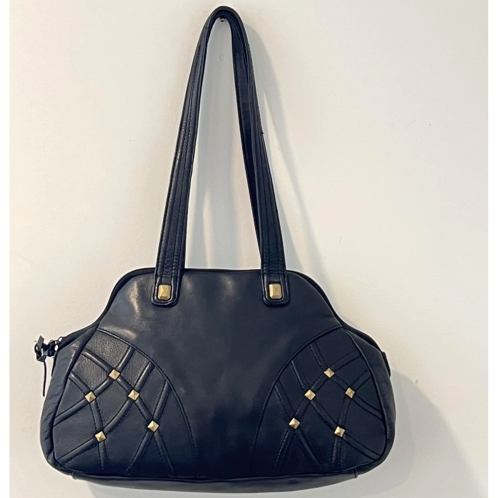 Stone Mountain Shoulder Bag Womens Medium Black Leather Studded Gold Hardware